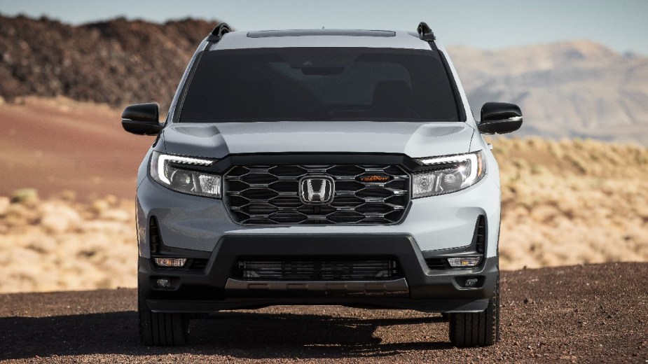 Front view of gray 2023 Honda Passport midsize SUV