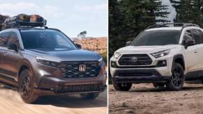 A gray 2023 Honda CR-V (L), a white 2023 Toyota RAV4 (R).