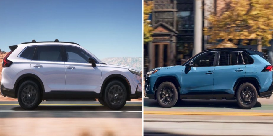 A white 2023 Honda CR-V small SUV(L), a blue 2023 Toyota RAV4 small SUV (R).