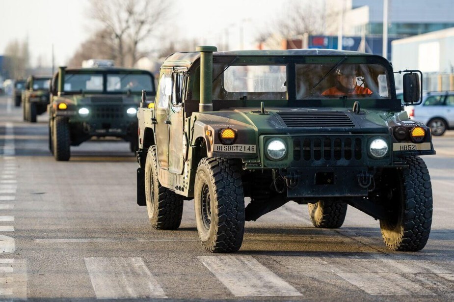 The most common of military surplus vehicles, the Humvee shows off its large proportions in a Polish port. 