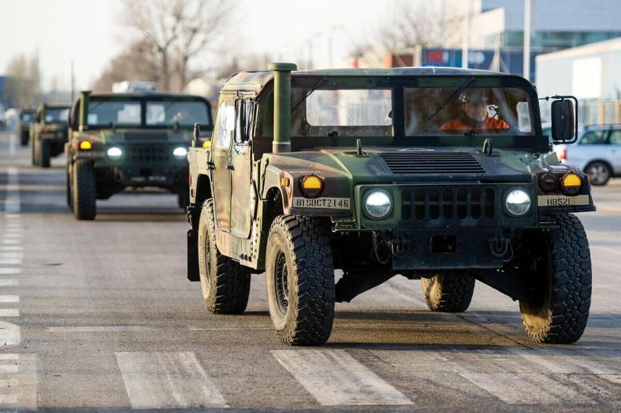 The most common of military surplus vehicles, the Humvee shows off its large proportions in a Polish port.