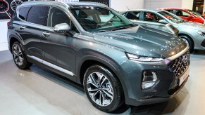 A Hyundai Santa Fe sits on display as a 2020 SUV.