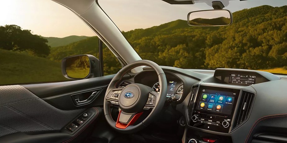 The interior of a 2023 Subaru Forester small SUV. 