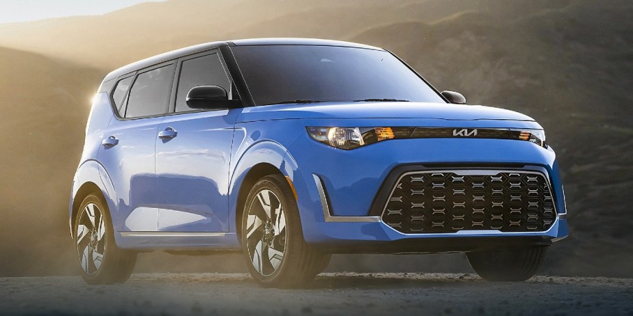 A blue 2023 Kia Soul subcompact SUV is parked outdoors.