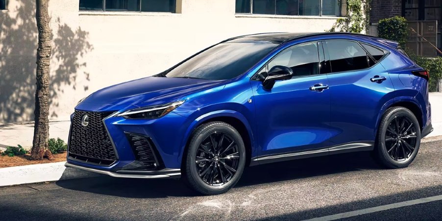 A blue 2023 Lexus NX 350h small hybrid SUV is parked.