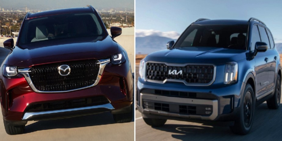 A red 2024 Mazda CX-90 (L), a blue 2023 Kia Telluride (R). 