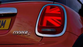 Cooper S rear model badging on a red-orange 2019 Mini Cooper S