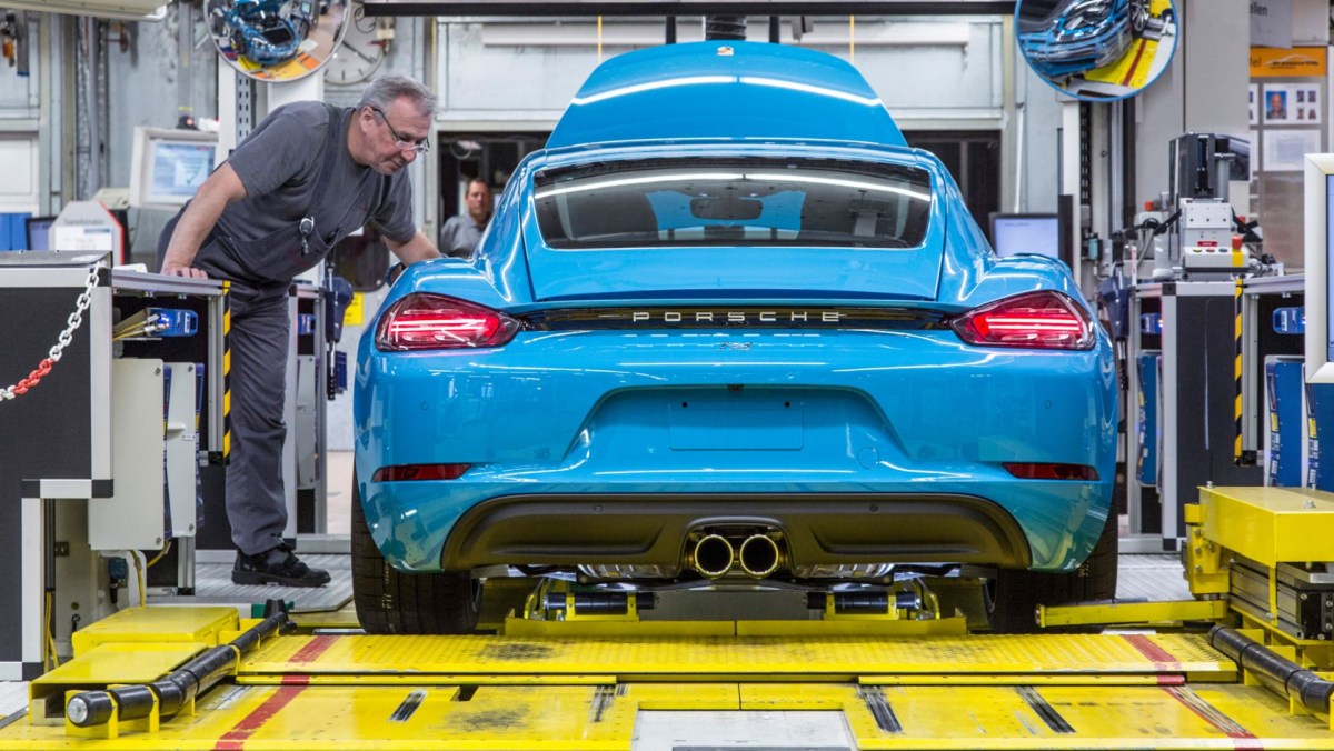 A Porsche Cayman 718 being assembled.