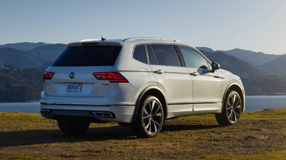 Rear angle view of white 2023 VW Tiguan