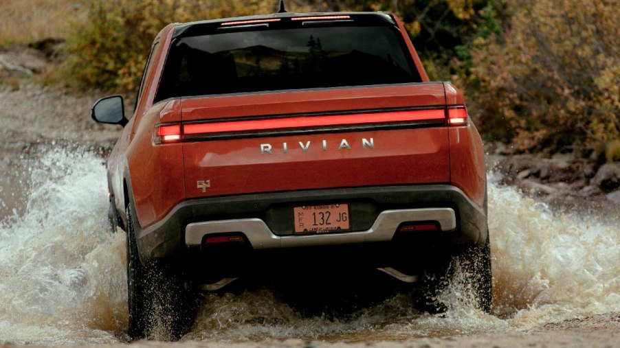 Rear view of 2023 Rivian R1T EV, showing how IIHS named it safest midsize pickup truck, not Toyota or Ford