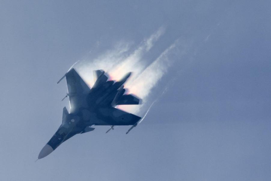 A Sukhoi Su-34 jet fighter-bomber of the Russian Air Force on a test flight at the MAKS-2015 air show