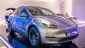 A Tesla Model Y parked indoors.