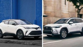 A white 2022 Toyota C-HR(L), a white 2023 Toyota Corolla Cross (R).