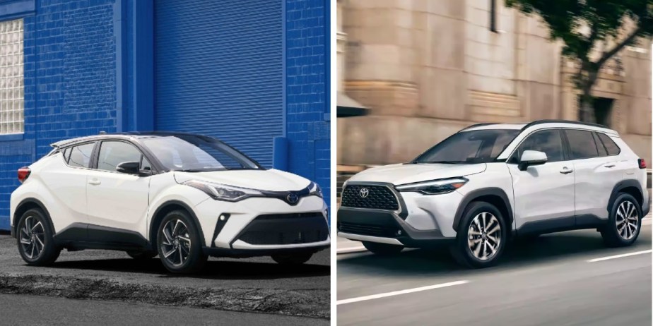 A white 2022 Toyota C-HR (L), a white 2023 Toyota Corolla Cross (R).