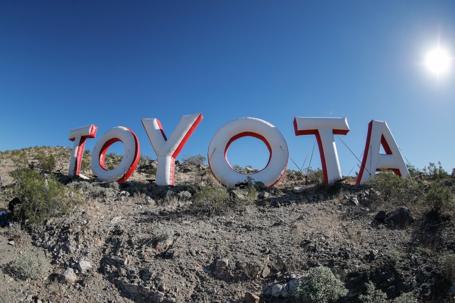 An inflatable Toyota logo advertising the automaker at a NASCAR race.