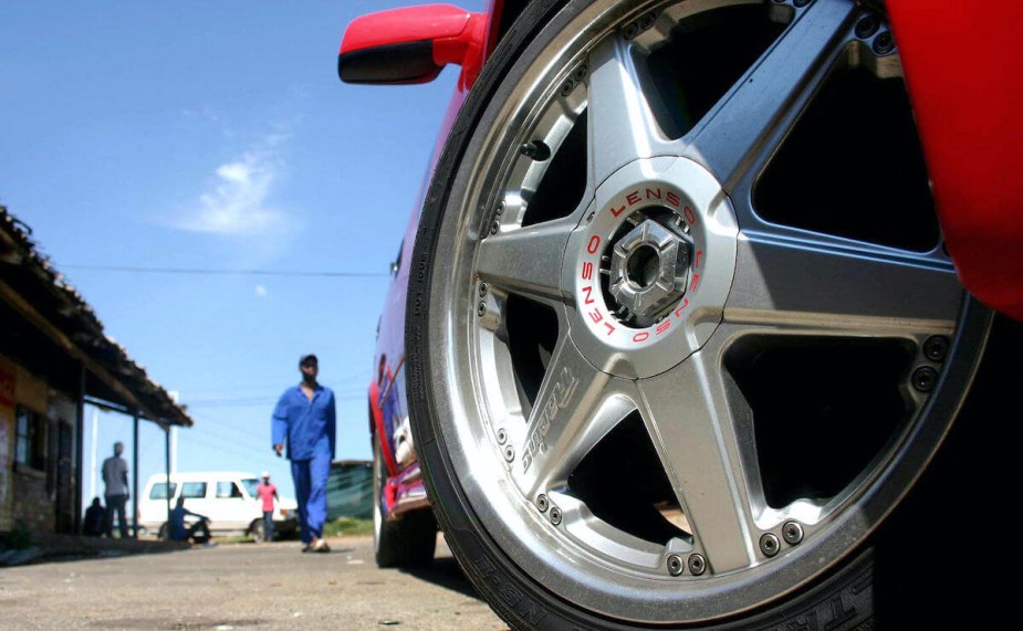 A close up of a car wheel