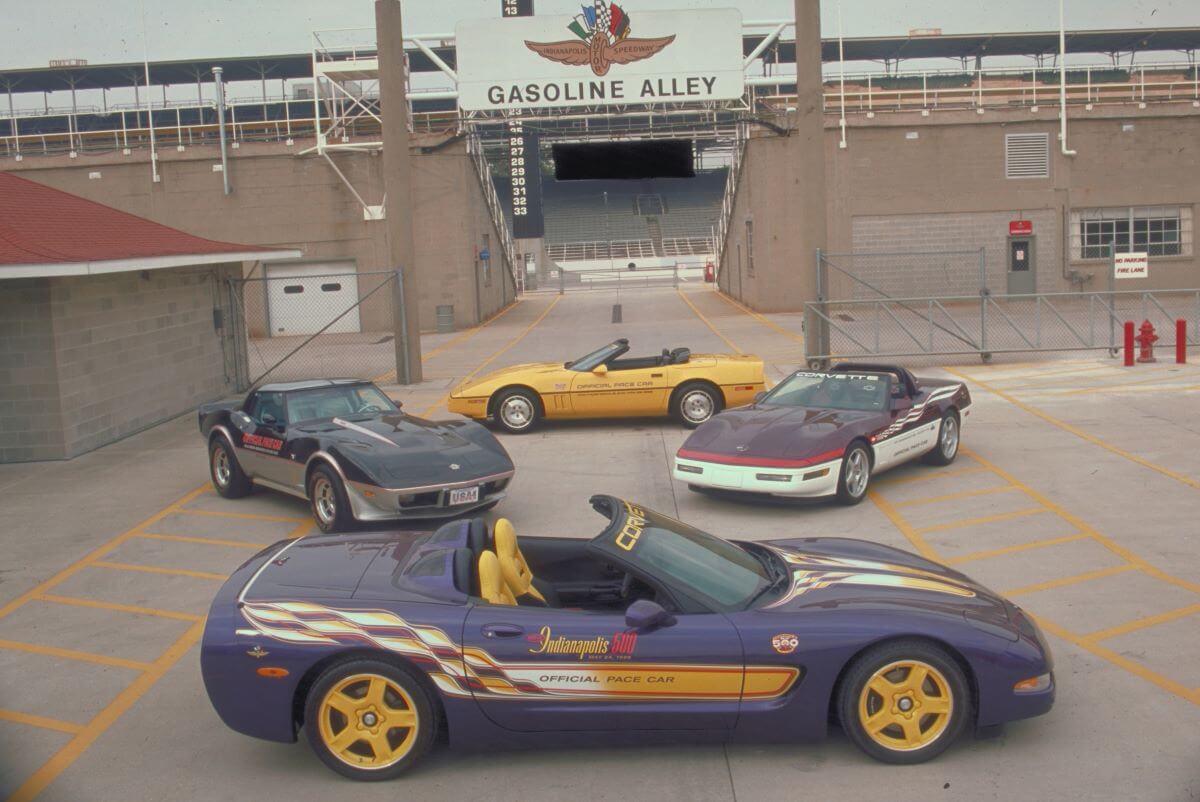 A 1998 Chevrolet Chevy Corvette C5 pace car at the 82nd Indy 500 track