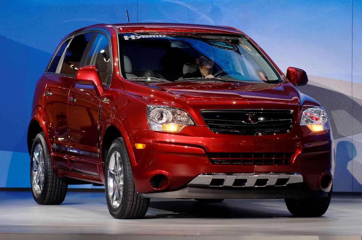 A red 2009 Saturn Vue Green Line compact hybrid SUV model at the 2008 North American International Auto show