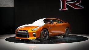 The 2017 Nissan GT-R performance sports car model making its world debut at the New York International Auto Show