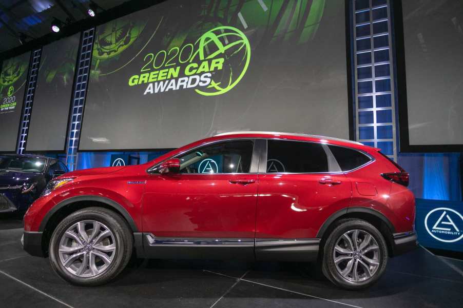 A red used Honda CR-V model.