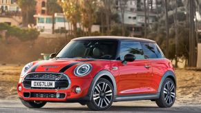 A red 2021 Mini 2-Door Hardtop city car model