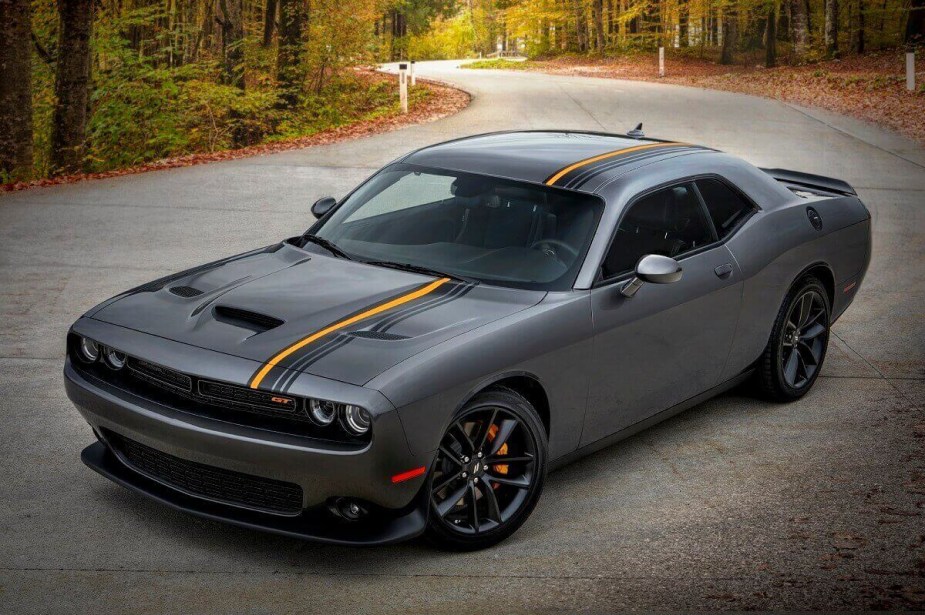 A gray 2023 Dodge Challenger shows off its Mopar muscle car lines. 