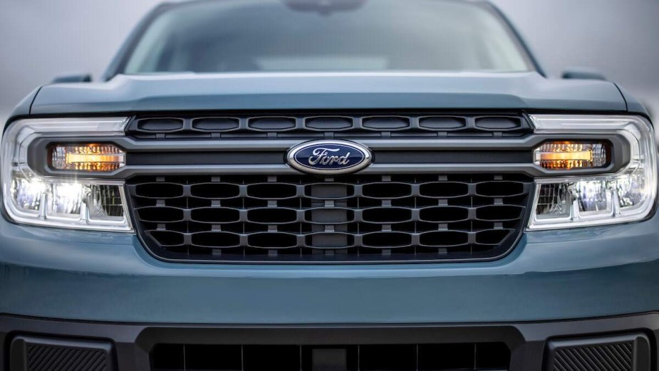 A light blue 2023 Ford Maverick, which is one of the best Ford trucks. 