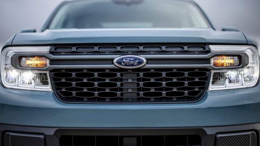 A light blue 2023 Ford Maverick, which is one of the best Ford trucks.