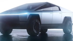 A gray 2023 Tesla Cybertruck electric pickup truck is parked.