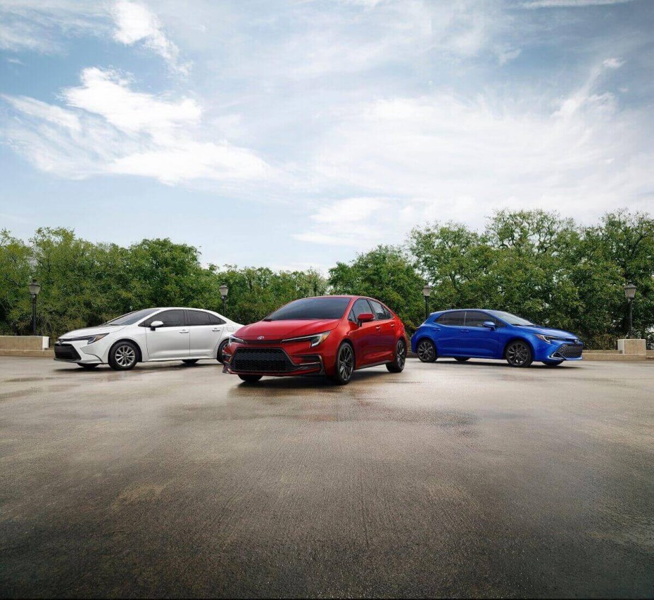 A lineup of 2023 Toyota Corolla cars and Corolla Hatchbacks show off their bright colors. 