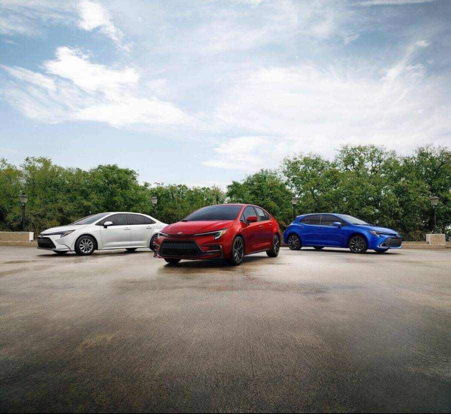 A lineup of 2023 Toyota Corolla cars and Corolla Hatchbacks show off their bright colors.