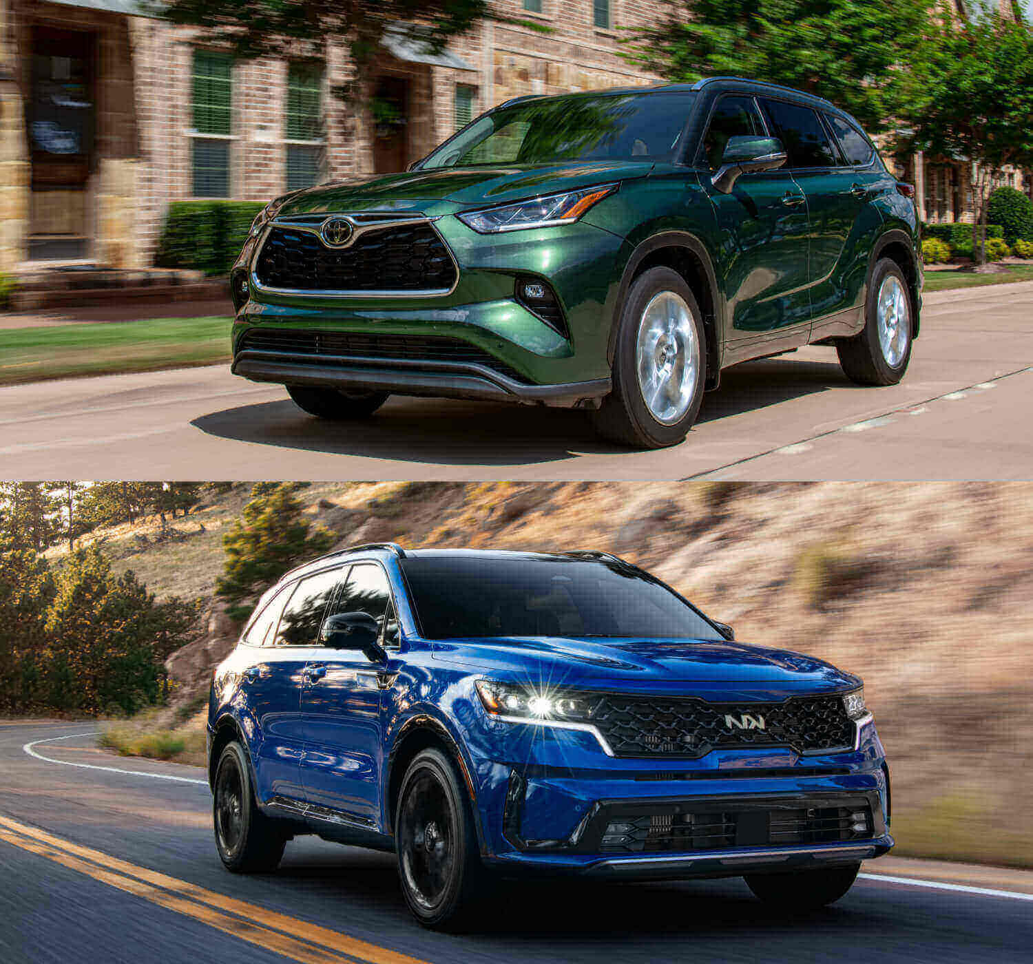 Rolling daytime shots of the 2023 Toyota Highlander and the 2023 Kia Sorento