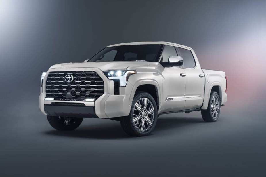 Promo photo of a white, top-trim 2023 Toyota Tundra Capstone.