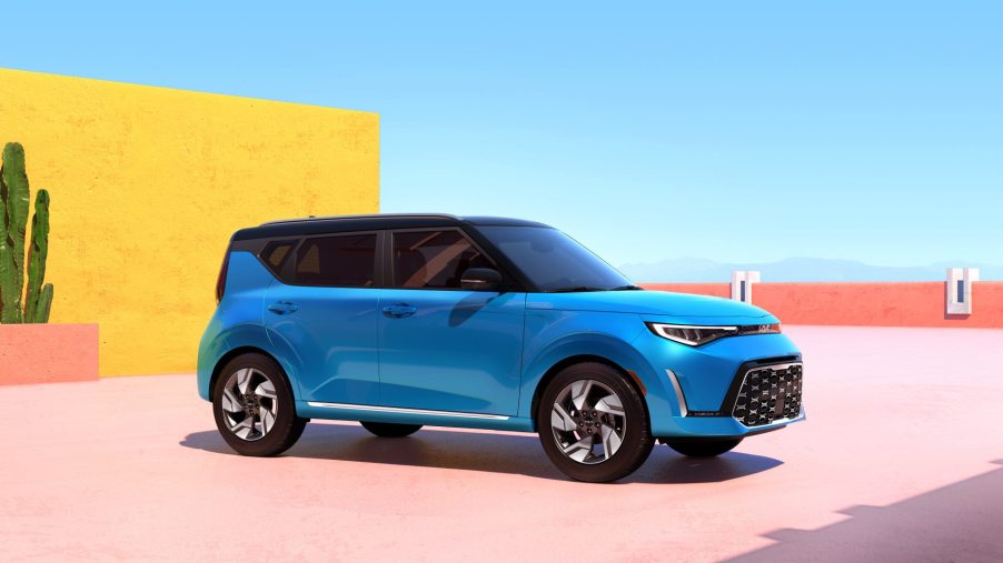 2023 kia soul parked in pastel background