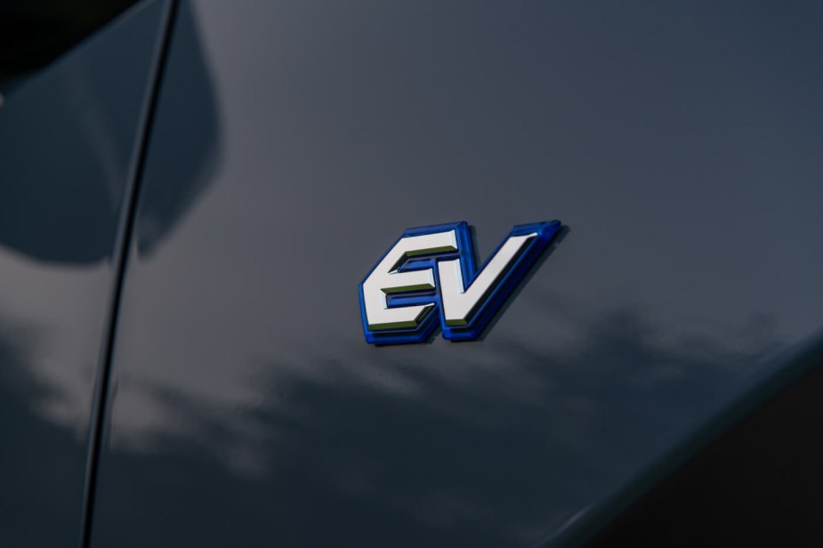 Close up of the EV badge on a new 2023 Subaru Solterra. 