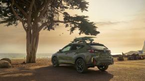 The rear of a 2024 Subaru Crosstrek sits with a tree in the foreground and a sunset in the background.