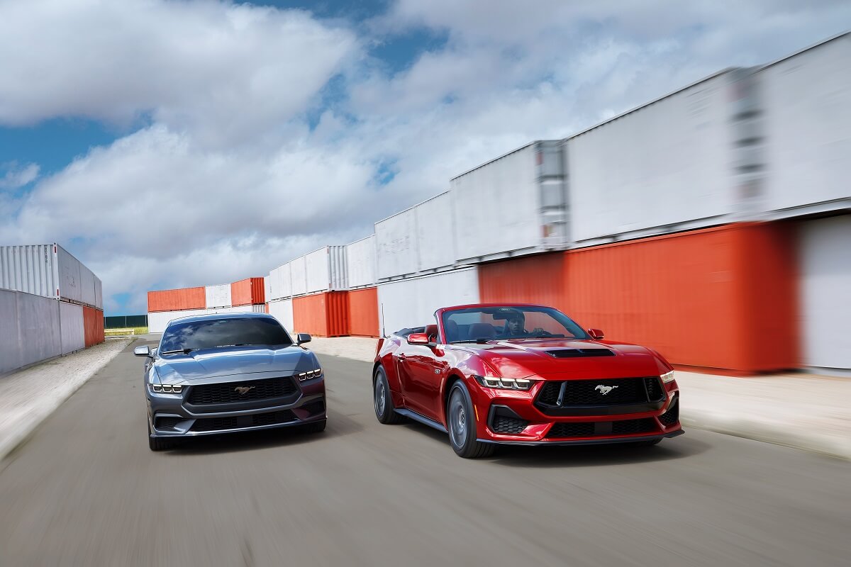 A set of new 2024 Ford Mustangs show off their coupe and convertible bodies.