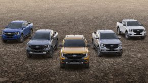 A group of 2024 Ford Ranger midsize trucks show off new design.