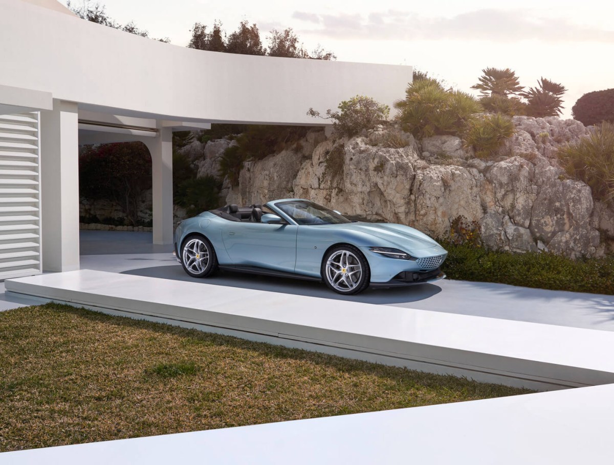 The Ferrari Roma Spider parked in a driveway