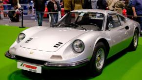 A Ferrari Dino during the 2022 RetroMovil Madrid Fair in Spain