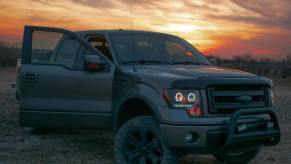 Gray Ford F-150 parked in front of a setting sun with its door open, trees visible in the background.