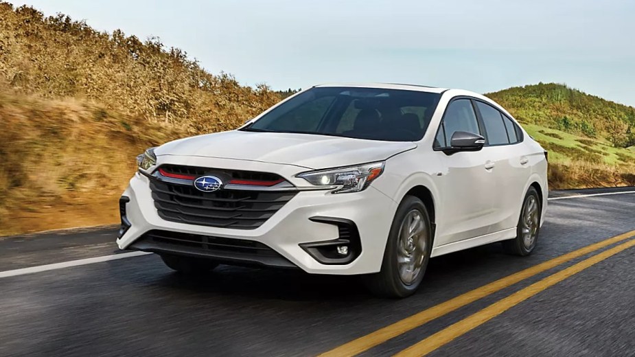 Front angle view of 2023 Subaru Legacy, cheapest new midsize sedan in 2023 and one of safest