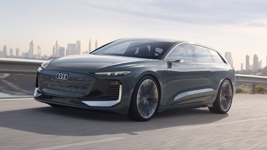 Front angle view of black Audi A6 Avant e-tron concept, showing how electric cars could save station wagons from dying