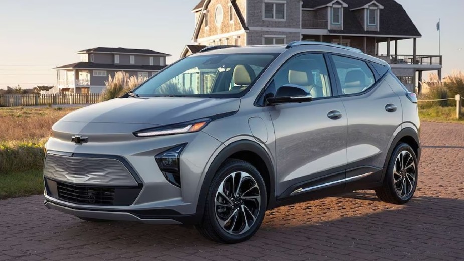 Front angle view of silver 2023 Chevy Bolt EUV, the cheapest new electric SUV