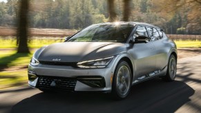 Front angle view of silver 2023 Kia EV6 electric SUV, most reliable and fastest Kia car, says Consumer Reports