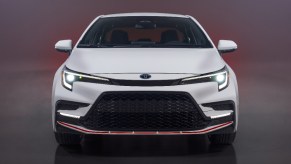 Front view of white 2023 Toyota Corolla Hybrid