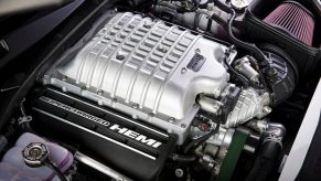 A Dodge Charger's supercharged Hemi Hellcat Engine.