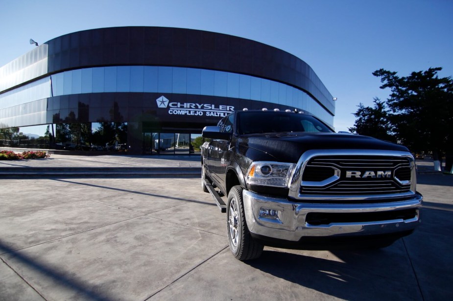 The grille of a Ram pickup truck parked outside the Saltillo Mexico assembly plant.