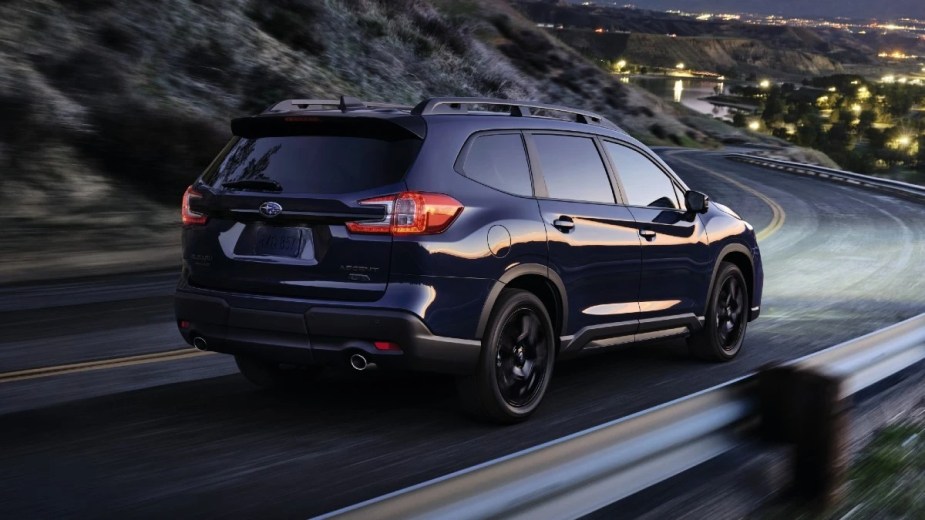 Rear angle view of black 2023 Subaru Ascent midsize SUV