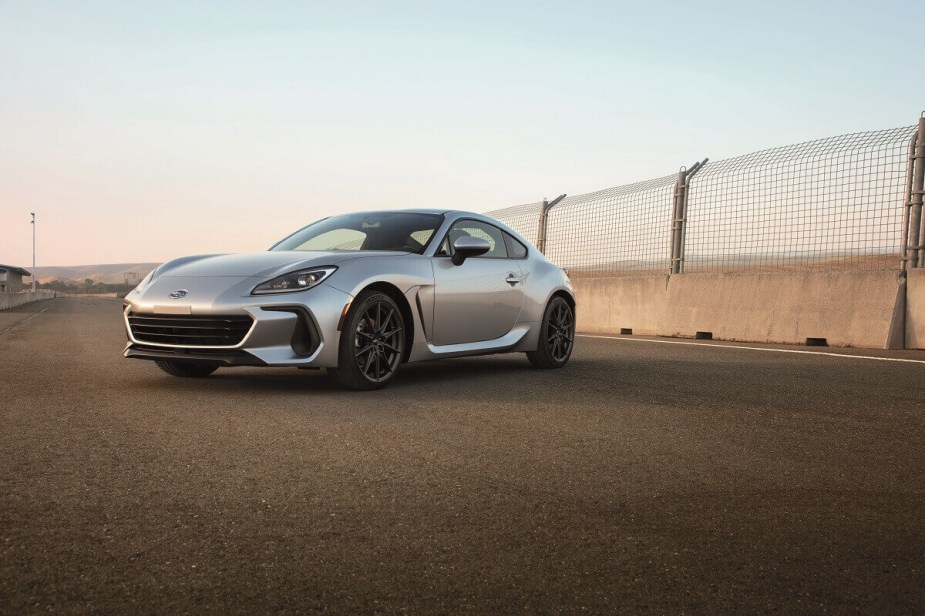 A 2023 Subaru BRZ shows off its fascia and silver paintwork. 